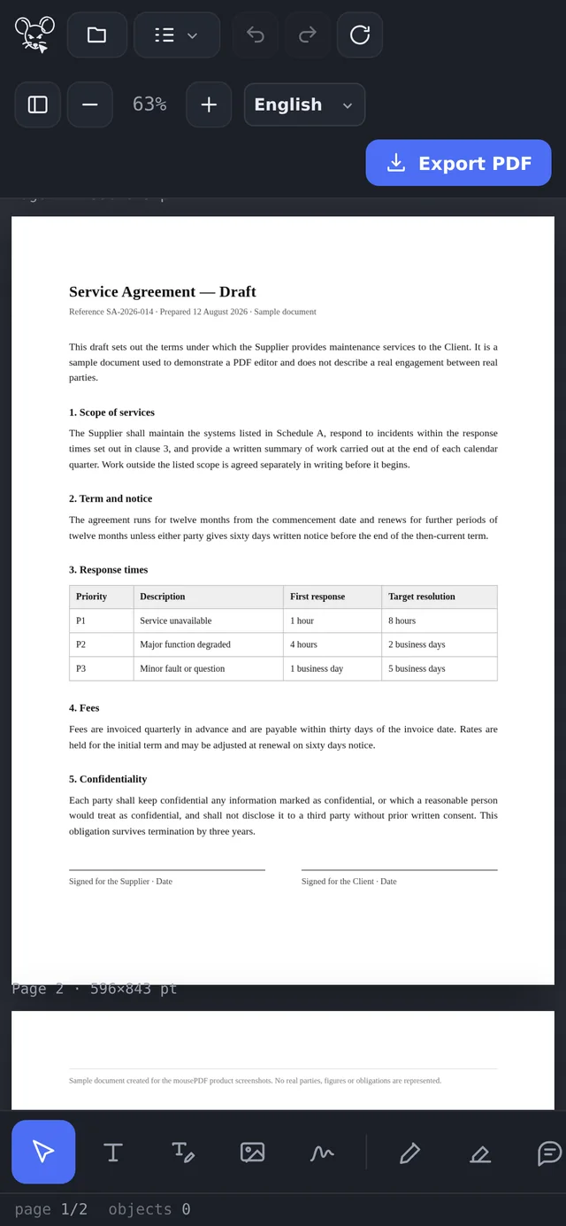 The mousePDF editor on a phone screen, with the document filling the width and the toolbar along the top.