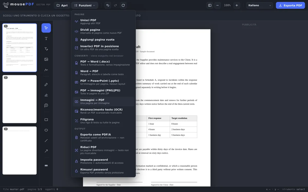 Schermata dell’editor mousePDF