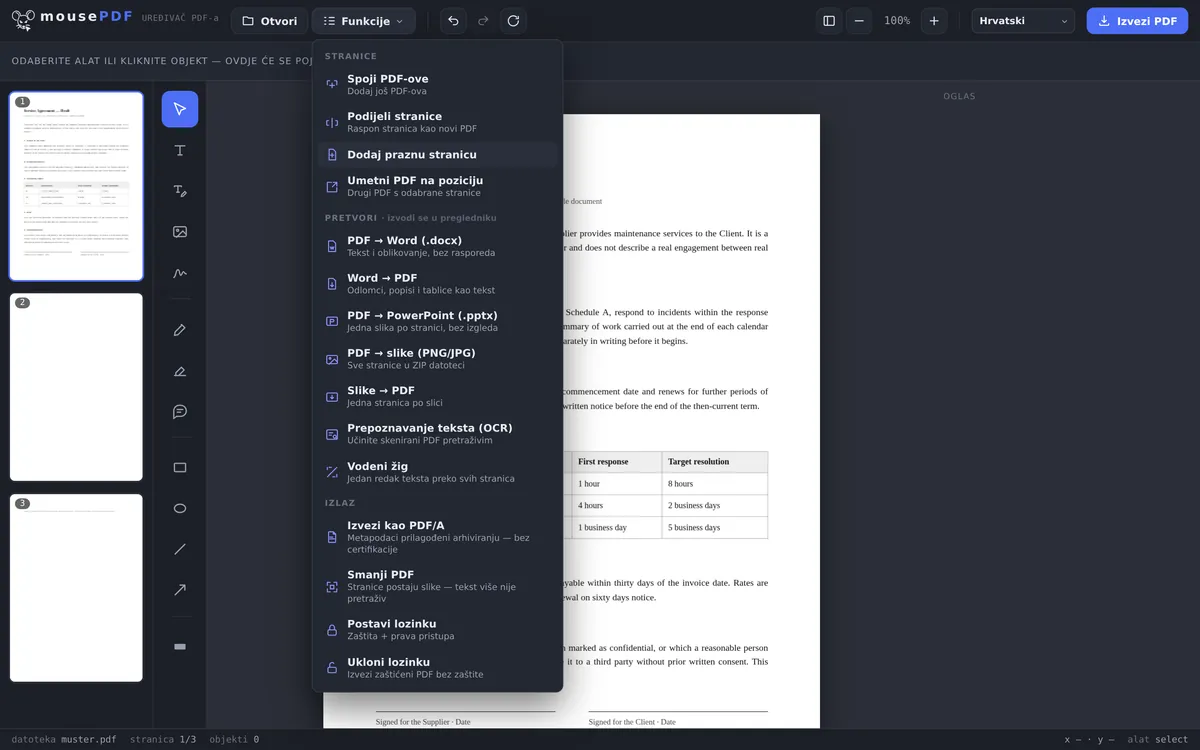 Snimka zaslona uređivača mousePDF