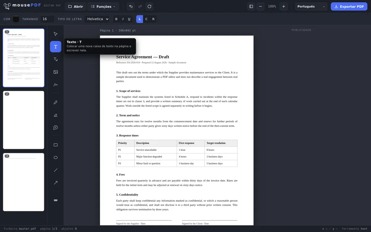 Captura de ecrã do editor mousePDF