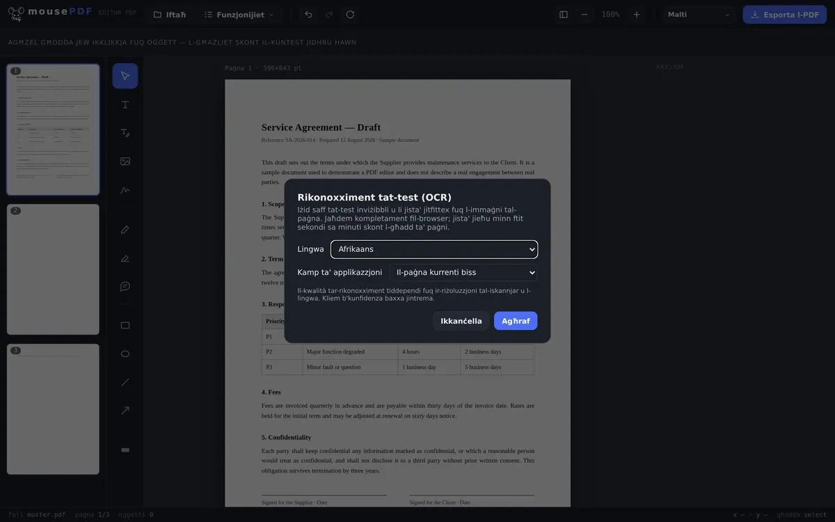 Screenshot tal-editur mousePDF