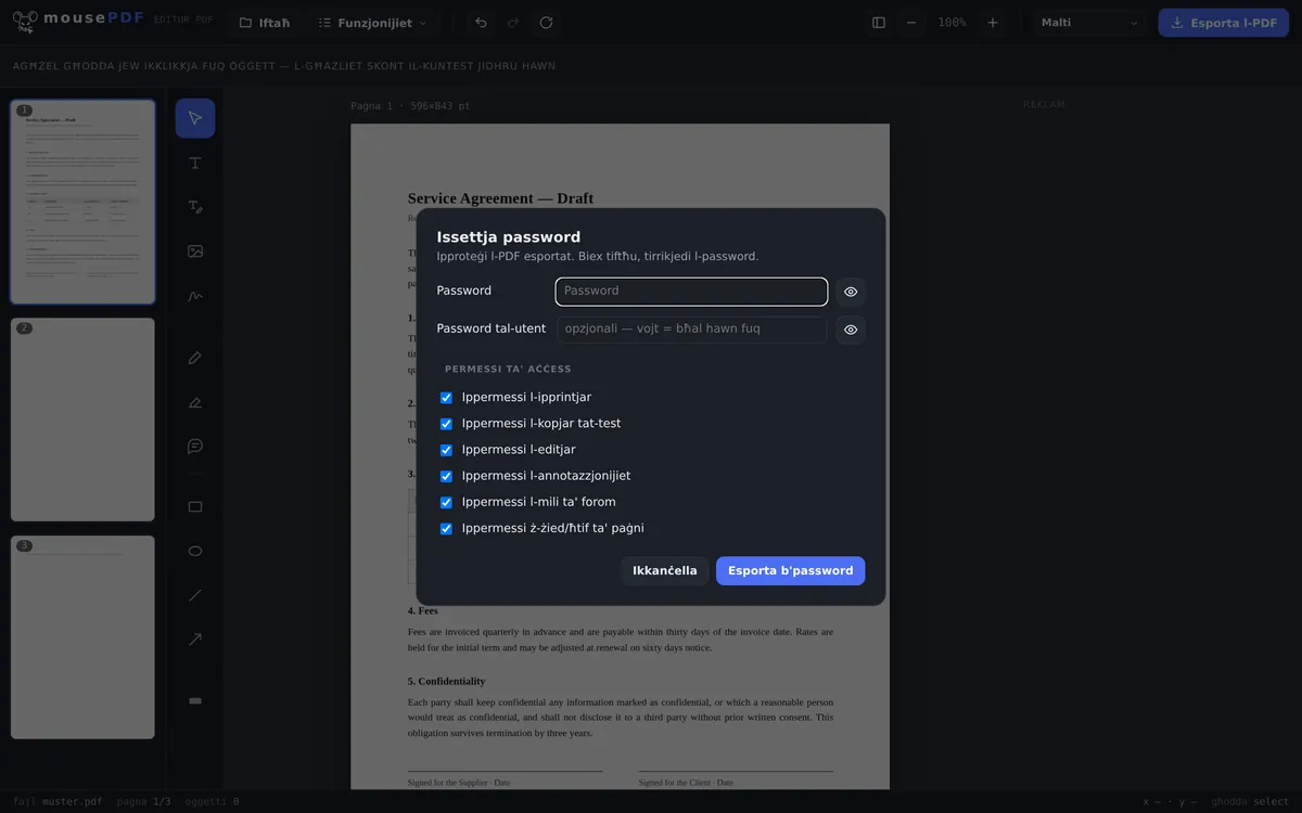 Screenshot tal-editur mousePDF