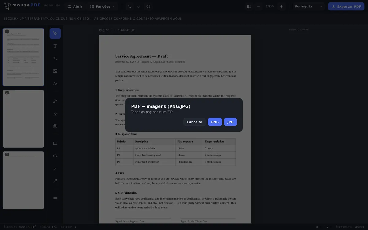 Captura de ecrã do editor mousePDF
