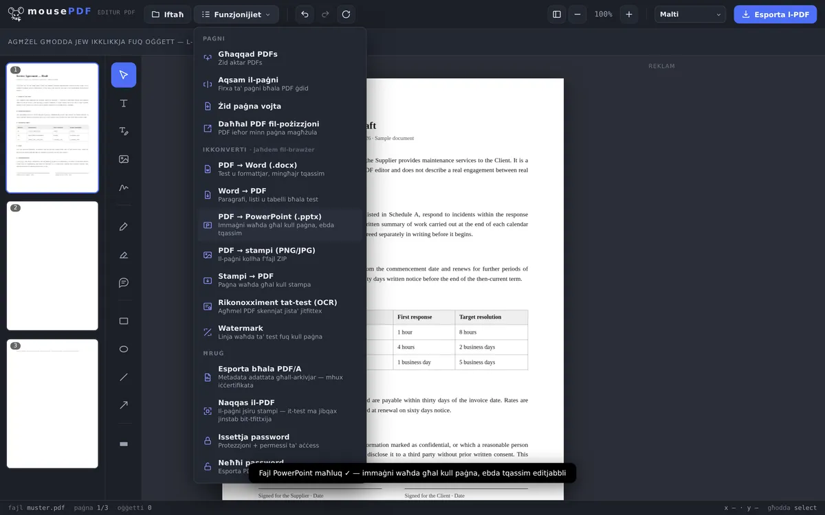 Screenshot tal-editur mousePDF