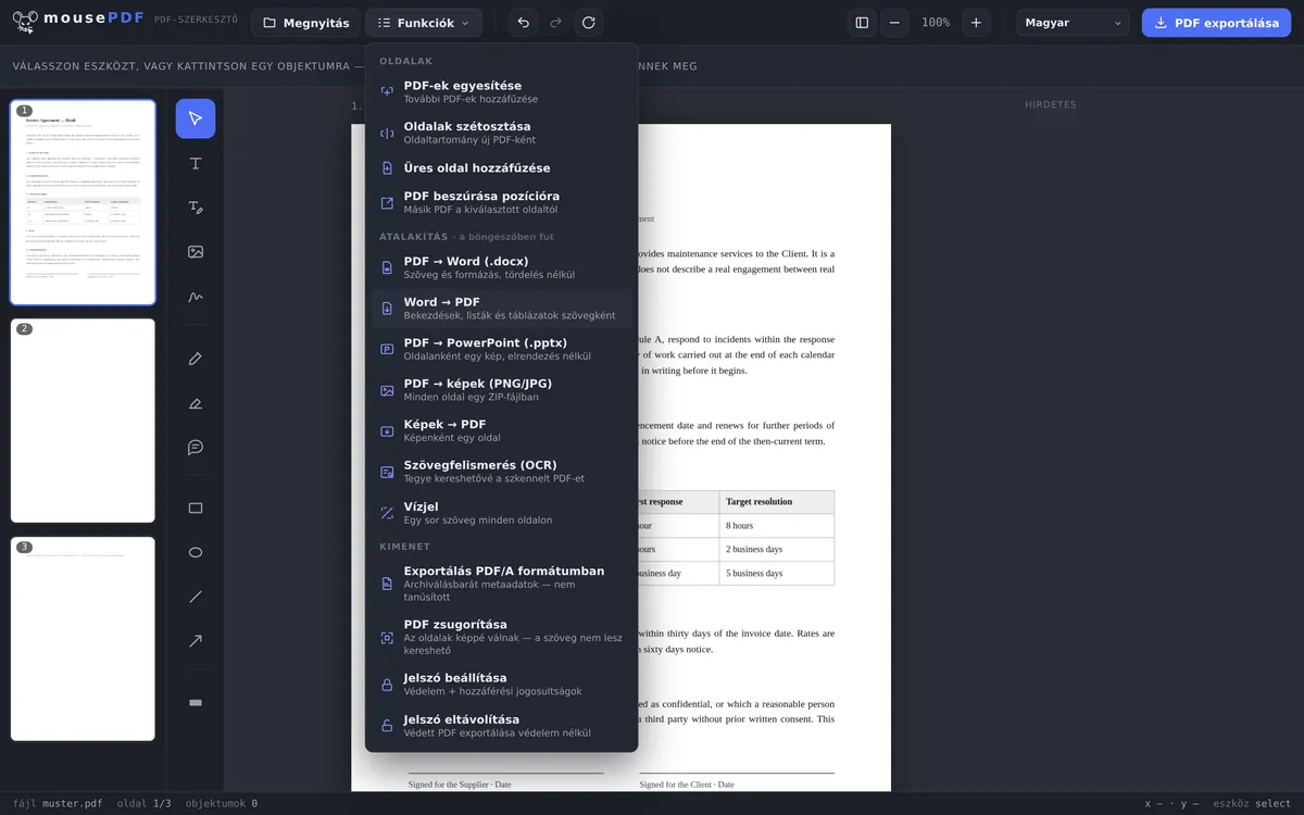 Képernyőkép a mousePDF szerkesztőről